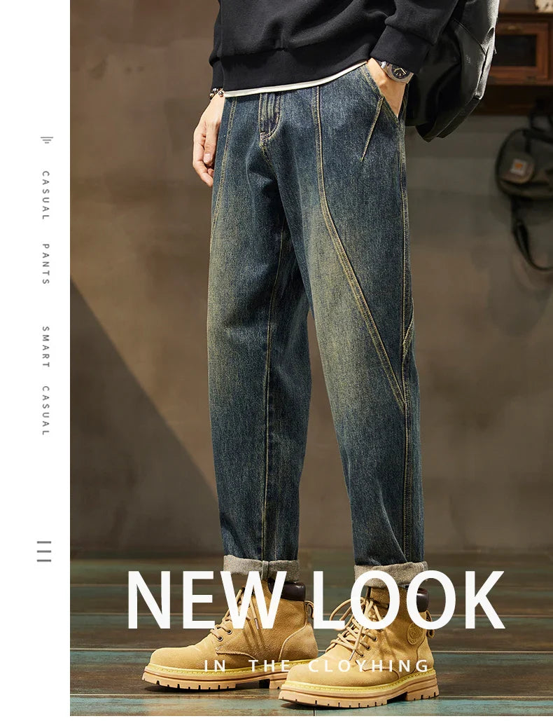 Trendy Loose Straight Casual Jeans Long Pants American Style Spring Autumn Loose Straight Cone Shape Jeans for Casual Wear