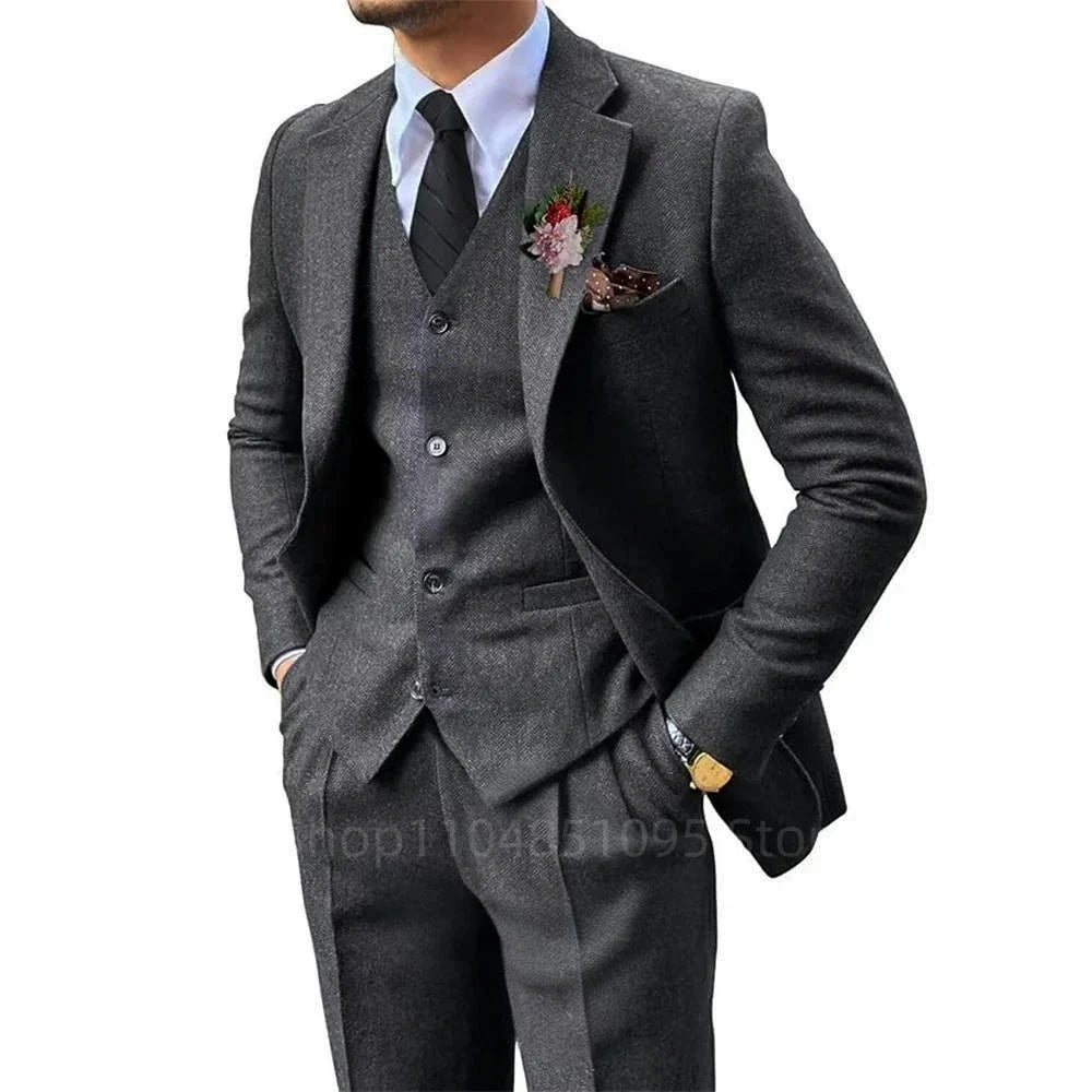 Black/Brown Men 3 Pieces Herringbone Suit Formal Business Tweed Groom Tuxedo for Men Wedding Men's Suit Jacket Vest Pants Set
