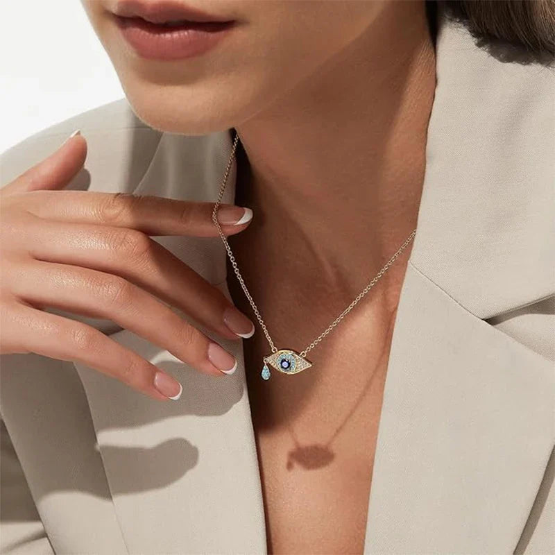 925 Sterling Silver Evil Eye Necklace 18K Gold Plated Teardrop Pendant Blue Zirconium Turkish Protection Jewelry for Women