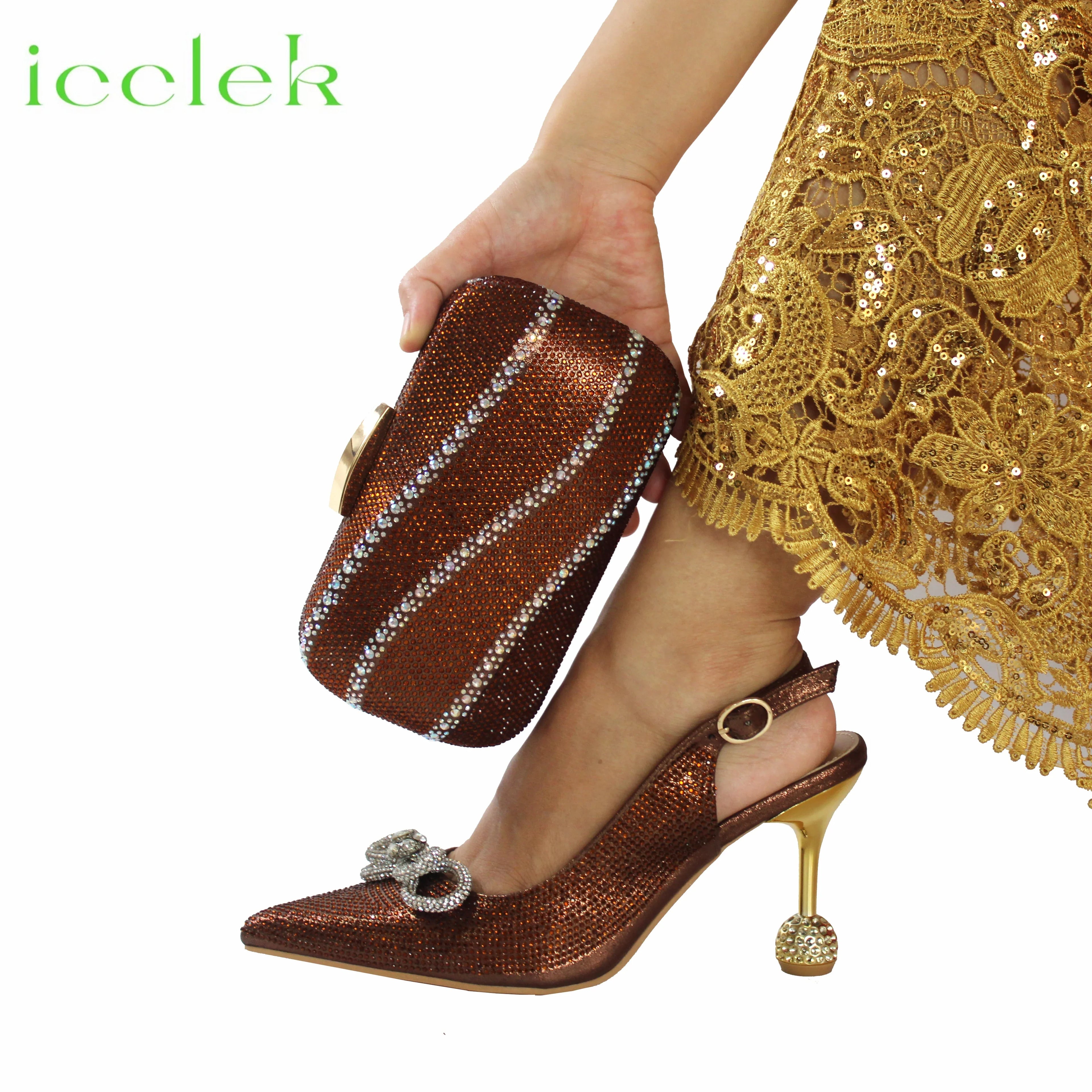 Wine Color Crystal Decoration Style Round Heels Friends Party Sandals and Bags