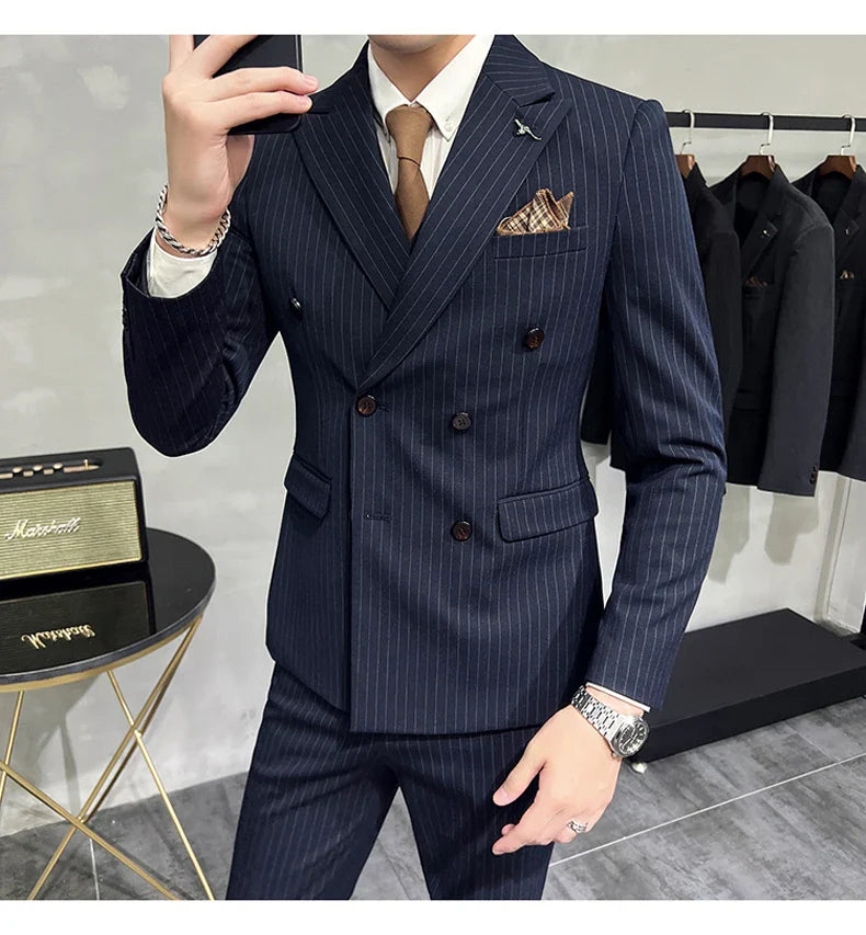 ( Blazer+Vest+Pants ) Groom Wedding Male Suit Luxury Brand Fashion Striped Men's Casual Business Office Double Breasted Suit