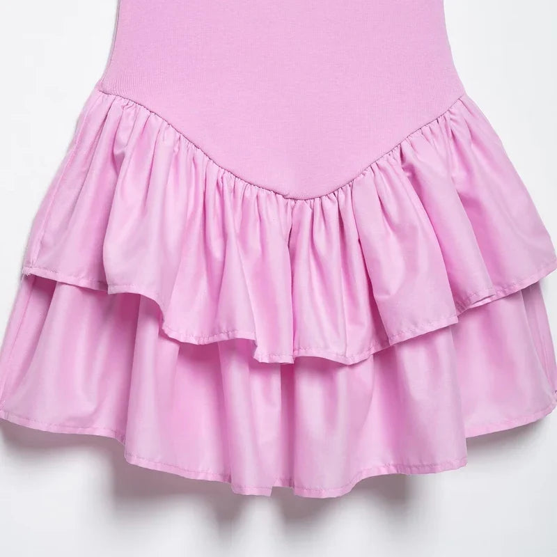 Women's Dresses 2025 Halter Pink Mini Dresses Chic v Neck Layer Ruffles Hem Dress A Line Vestido Summer Ladies Street Party Wear