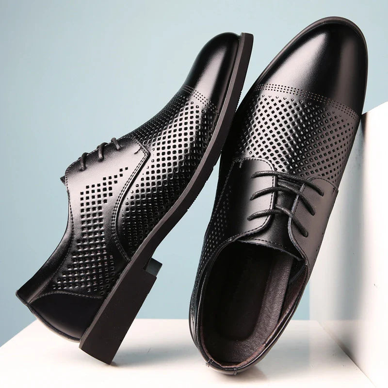 Mens Black Genuine Leather Perforated Cap Toe Lace Up Formal Business Oxford Shoes Breathable Summer Office Casual Dress Shoes