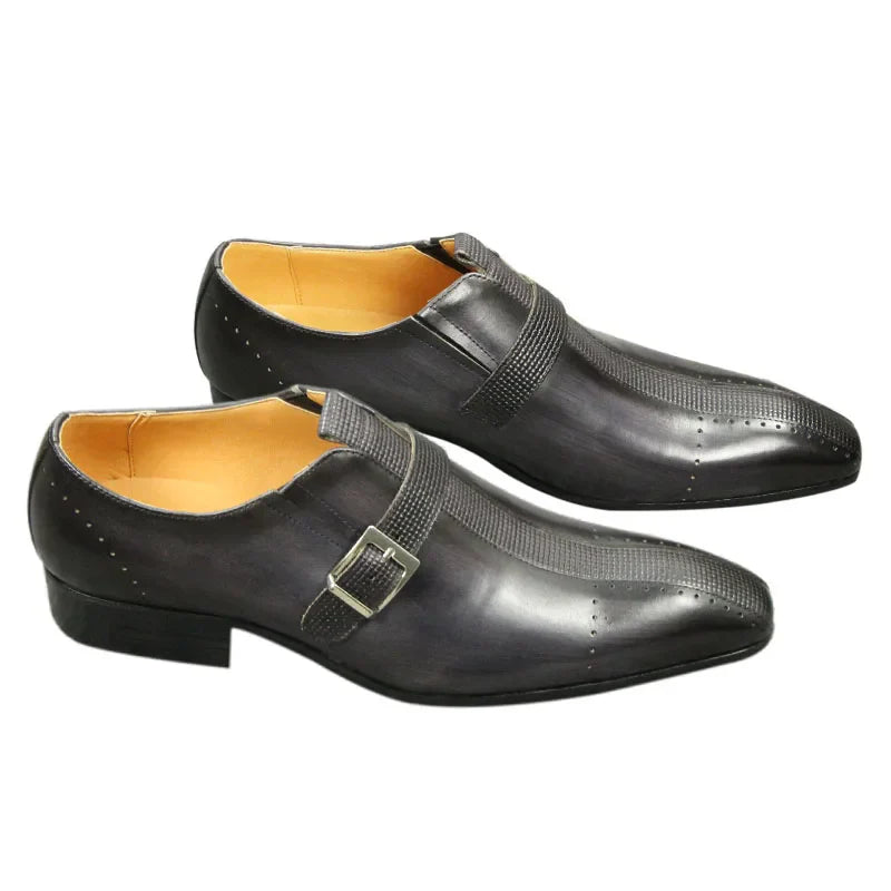 New Men's Genuine Leather Shoes Fashion Leather Buckle Formal Oxford Shoes Office Buckle Strap Pointed Men Dress Wedding Party