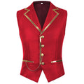 British Style Men Red Sleeveless Vest Jacket, Thin Single Button V-neck Waistcoat, Gold Striped Patchwork.