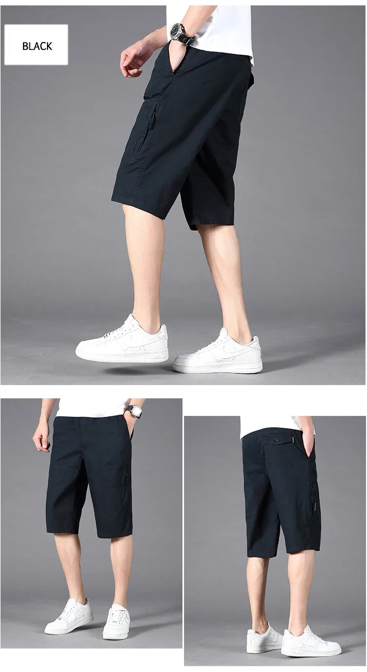 Men Cargo Shorts Zipper Pocket Loose Casual Big Size Shorts Big and Tall Cotton Knee Shorts