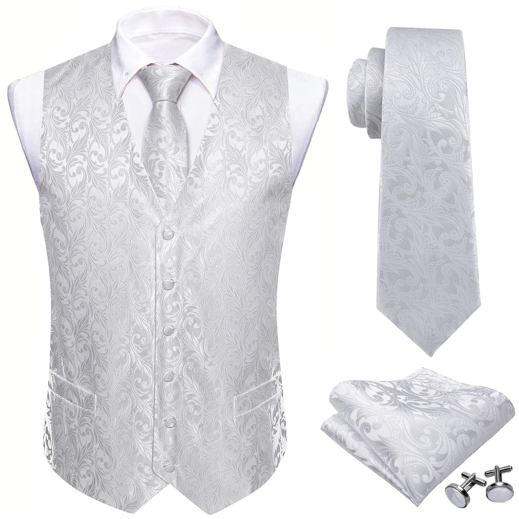 White Scroll Pattern V-Neck Waistcoat 4-In-1 Kit Tie Square Cufflinks For Bridal Shower Outdoor Wedding