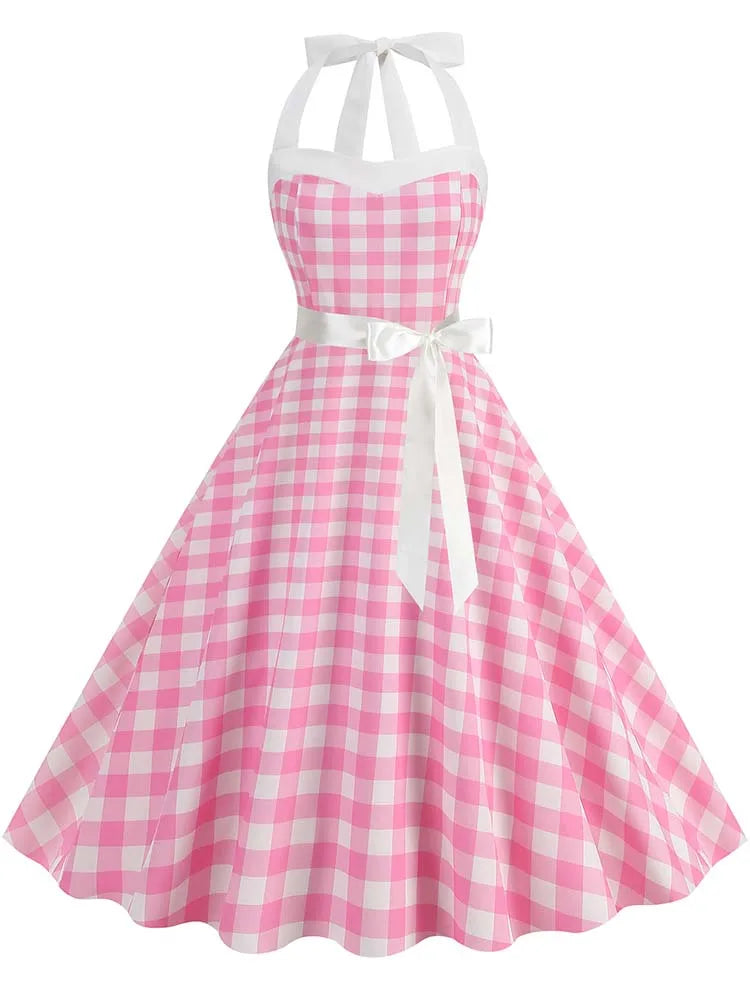 Women Summer Party Dress With Belt Polka Dot Print Halter Hepburn Robe 50s 60s Vintage Dresses