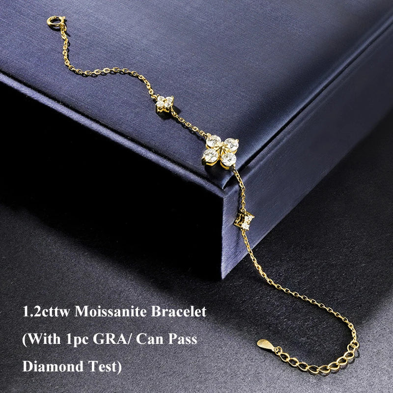 Lucky Clover GRA Certified 1.2cttw D Color Moissanite Diamond Bracelet for Women 925 Silver Plated 18k Hand Link Bracelets