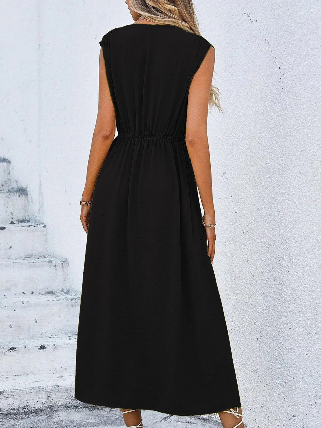 Women's Solid Color A-Line Dress Sleeveless Front Thin Straps Elegant Belted Midi Dress for Summer