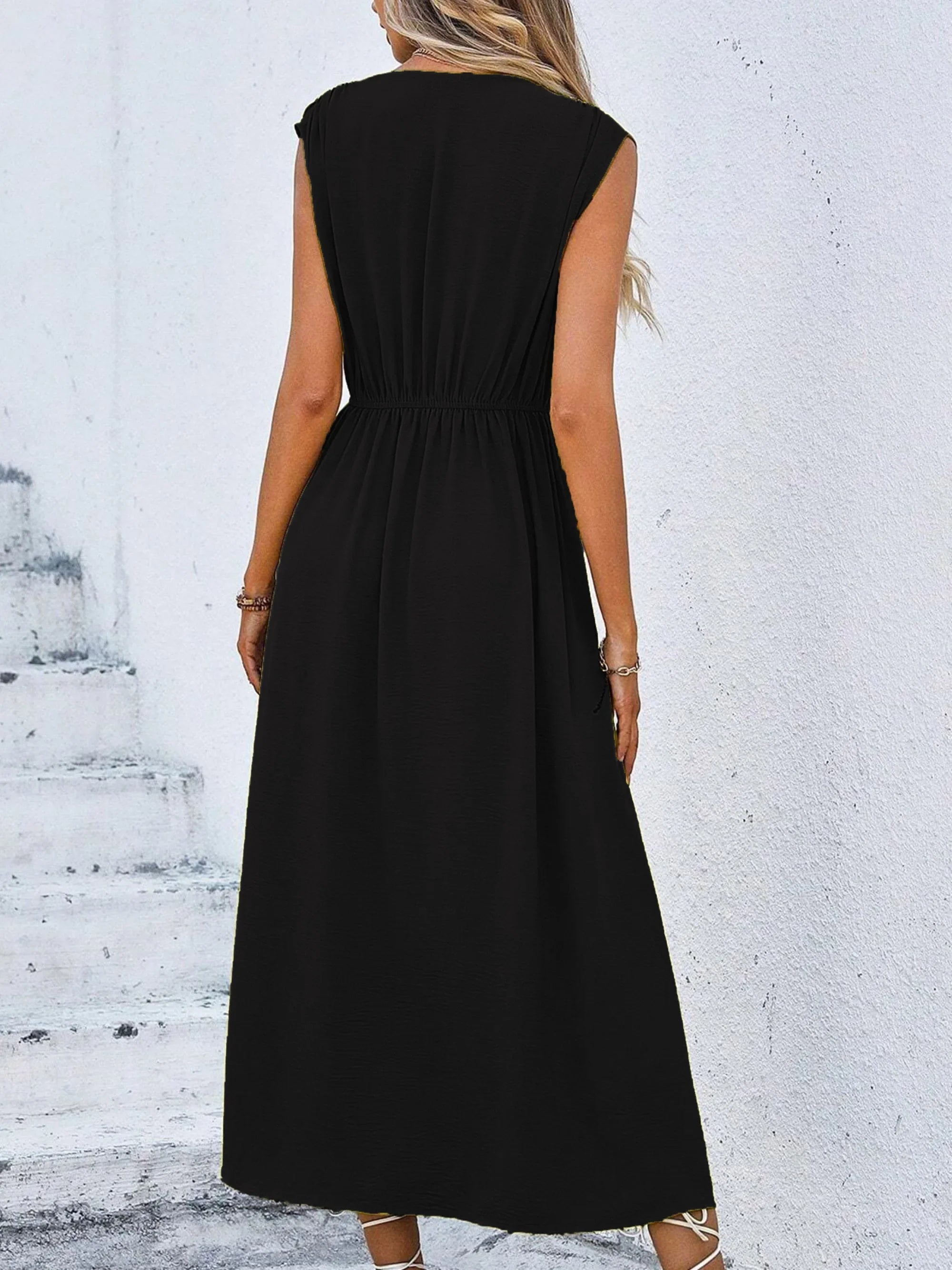 Women's Solid Color A-Line Dress Sleeveless Front Thin Straps Elegant Belted Midi Dress for Summer