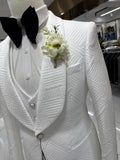 Patterned Elegant White Man Suit Jacket Vest Pants Fashionable 3-pieces Shawl Lapel Groom Wear Modern Glam Tuxedo Chic Set