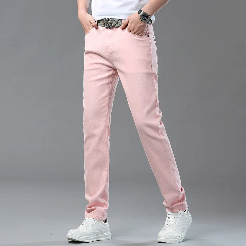2025 Autumn Men's Elastic Colorful Jeans Breathable Casual  Straight Fitted Solid Color Denim Pants Korean Fashion Trousers
