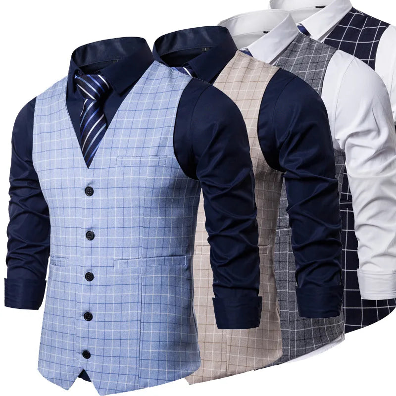 KIDWHXR 2026 Man Waistcoat Slim Plaid Business Casual Male Suit Vest V-neck Sleeveless Breathable Wedding Party Vest for Men