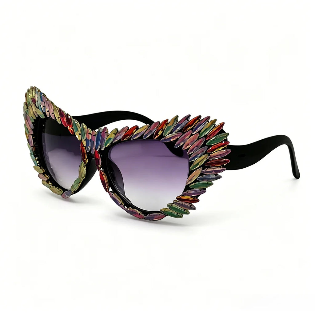 Retro Y2K Oversized Cat Eye Sunglasses for Women Rhinestone Gold Spike Gradient UV400 Punk Nightclub Party Festival Eyewear