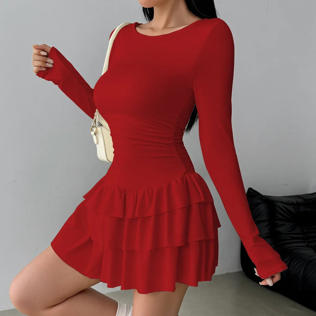 Autumn Winter Solid Color Slim Fit Cascading Ruffles Mini Dress Women Elegant Flare Sleeve High Waist Sexy Party Bodycon Dresses