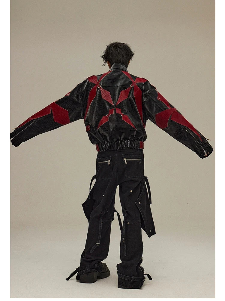 Spring Autumn Cool Handsome Crocodile Print Patchwork Pu Leather Jacket Men Color Block Luxury Designer Clothes 2024