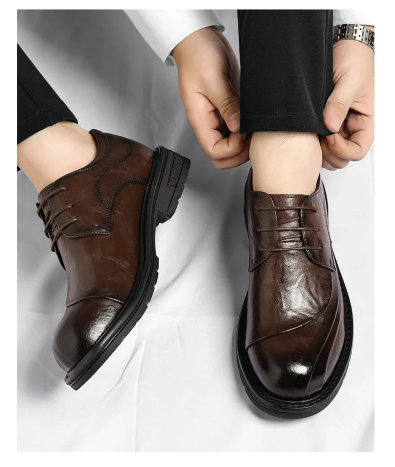 Brown Burnished Genuine Leather Lace Up Chunky Sole Formal Business Office Groom Wedding Daily Wear Shoes Fashion Comfortable