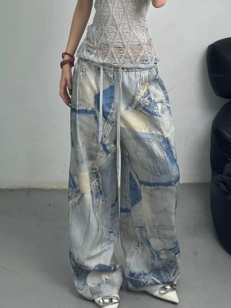 High Waist Print Draw String High Waist Jeans Y2k Vintage Jeans