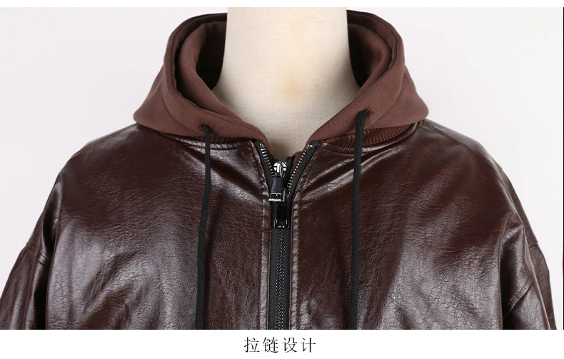 Autumn Winter Cool Handsome Oversized Brown Thickened Warm Leather Jacket Men with Hood Fake 2 Piece European Clothes