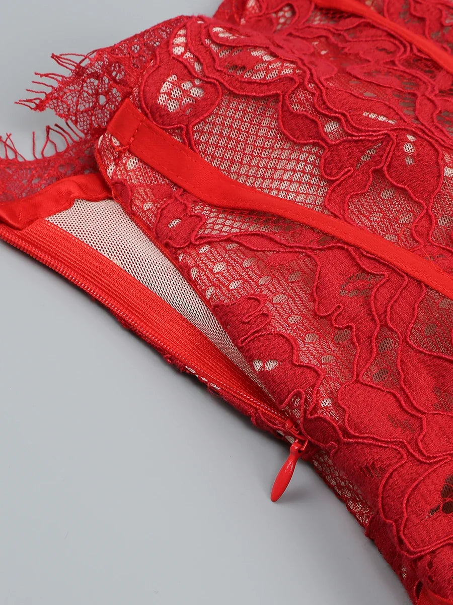 VC Christmas Dress For Women Red Lace Sexy Strapless Sleeveless Slim Supper Short Dress With Lace-Up