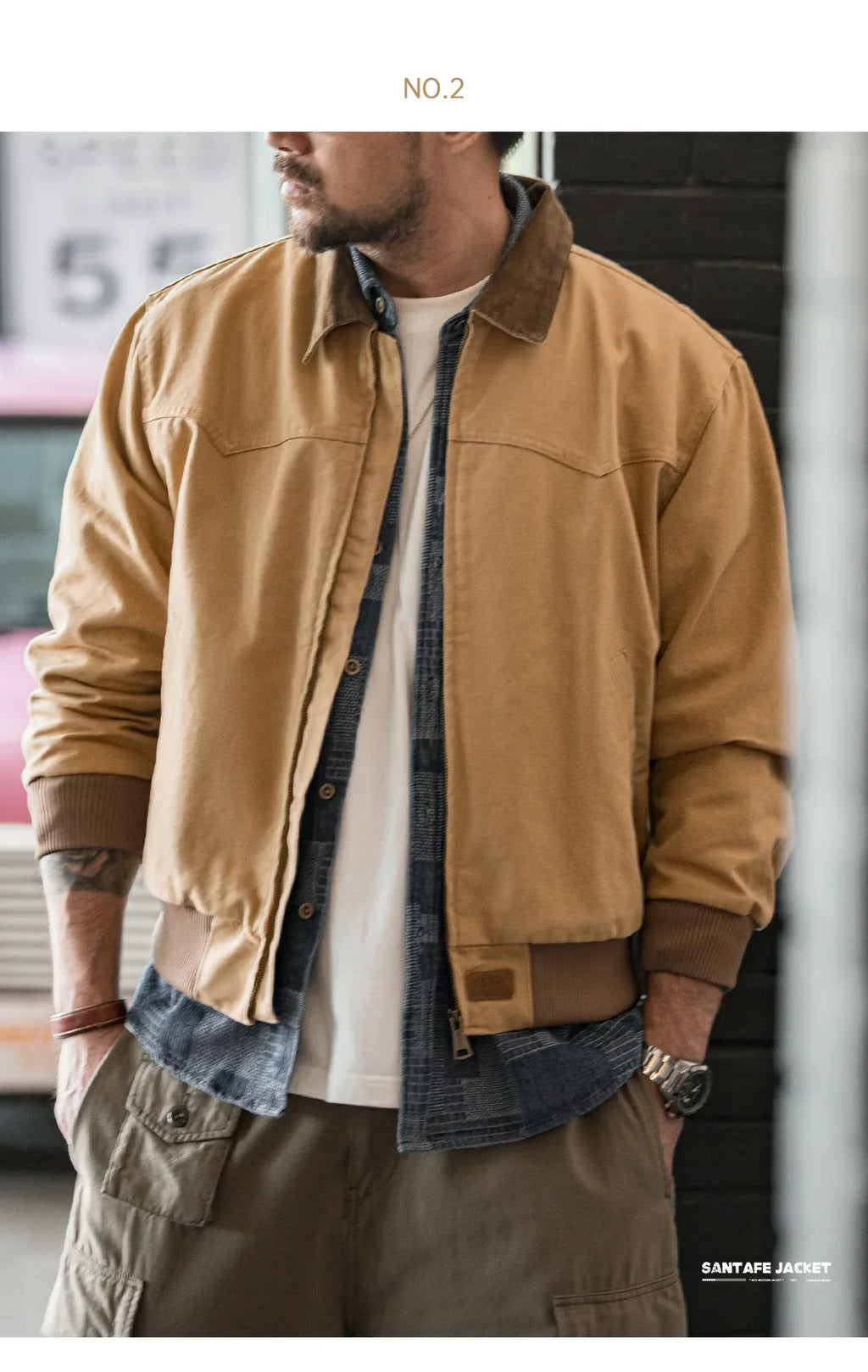 Retro Heavyweight Santafe Canvas Jackets Cotton Corduroy Lapel Ribbed Hem Cuffs Short Jacket for Men's Autumn Overcoat