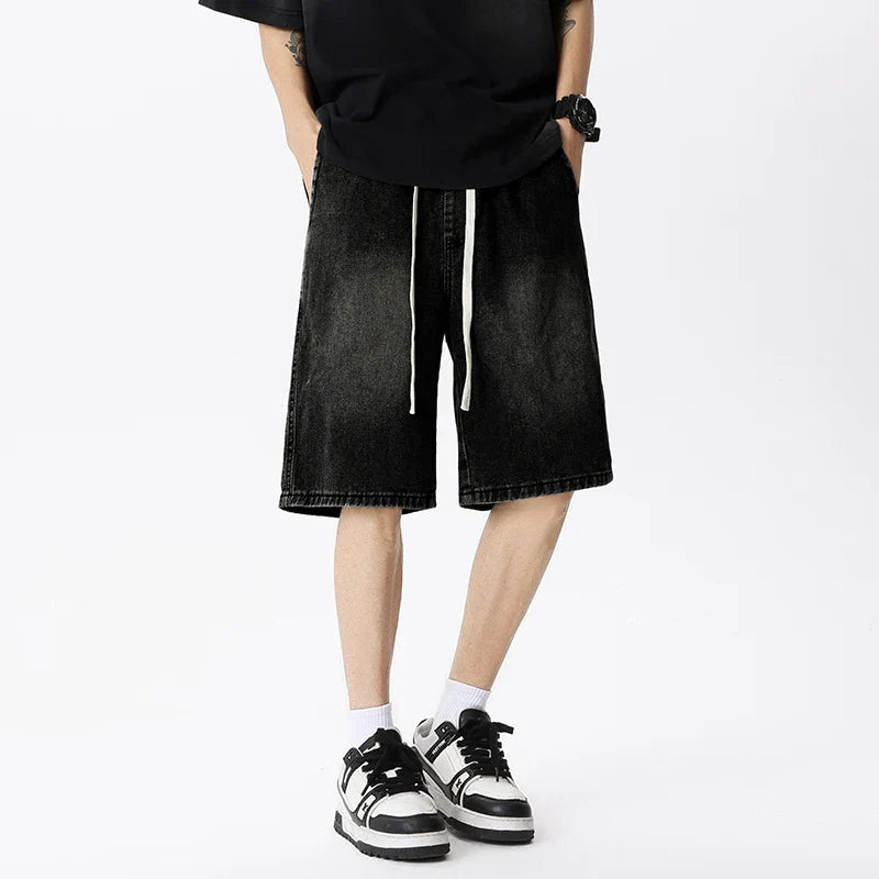 Casual Denim Shorts Men Elastic Waist Straight Comfortable Light Blue Soft Short Pants Baggy Wide Bermuda Male Jeans