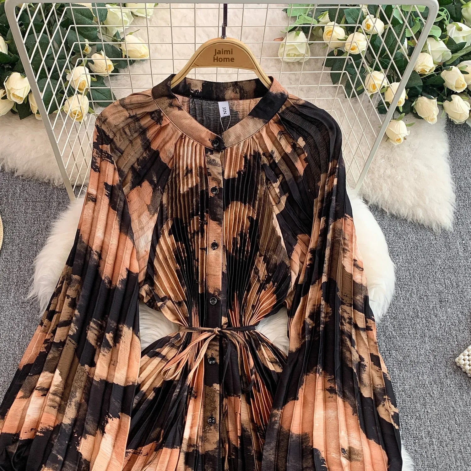 Printed round Ne Lantern Sve Dr Women's Single Button Waist Cinch Maxi Skirt Long Dr Commute Sle Autumn