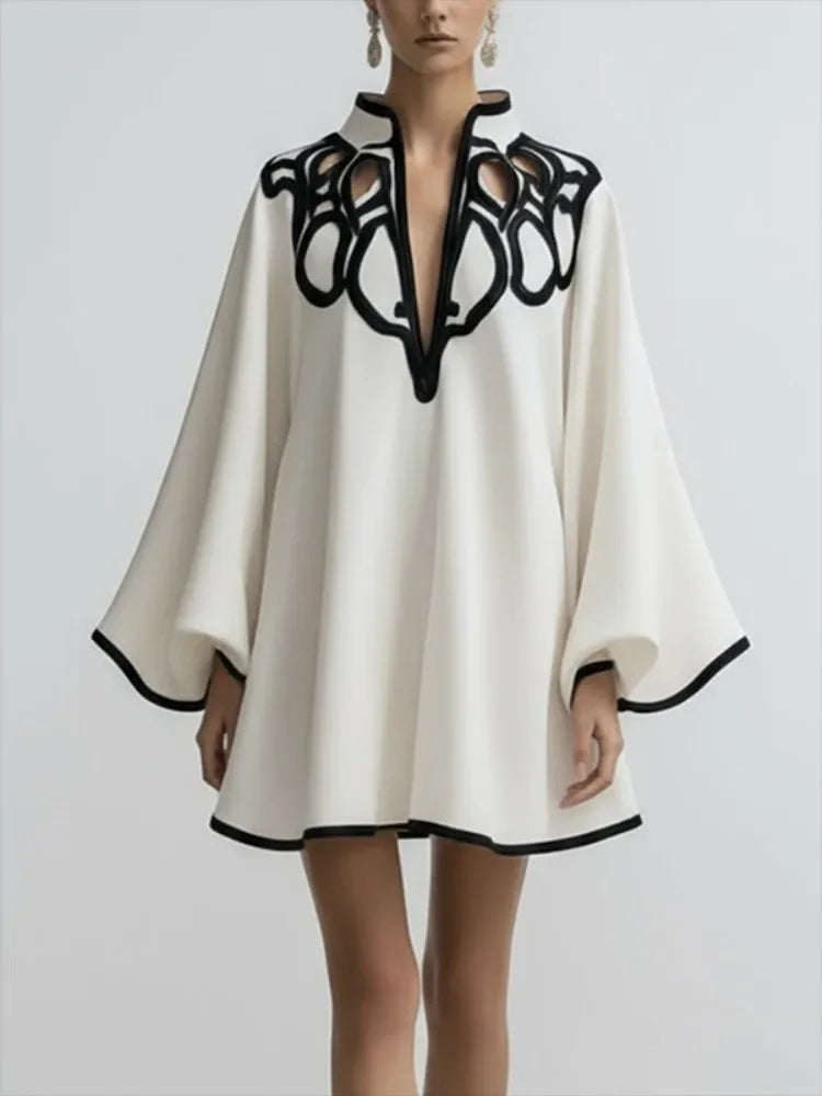 2026 New Hollowed V-neck Mini Dress for Women Flared Sleeves Pleated Dress Spring Stylish Contrast Trims Elegant Party Dress