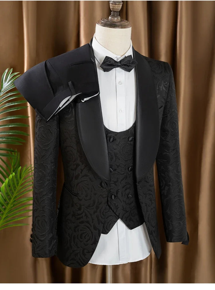 3-piece set man suit（Jacket+vest+pants）groom's wedding suit set men's white slim fit shawl collar‌ evening gown full set