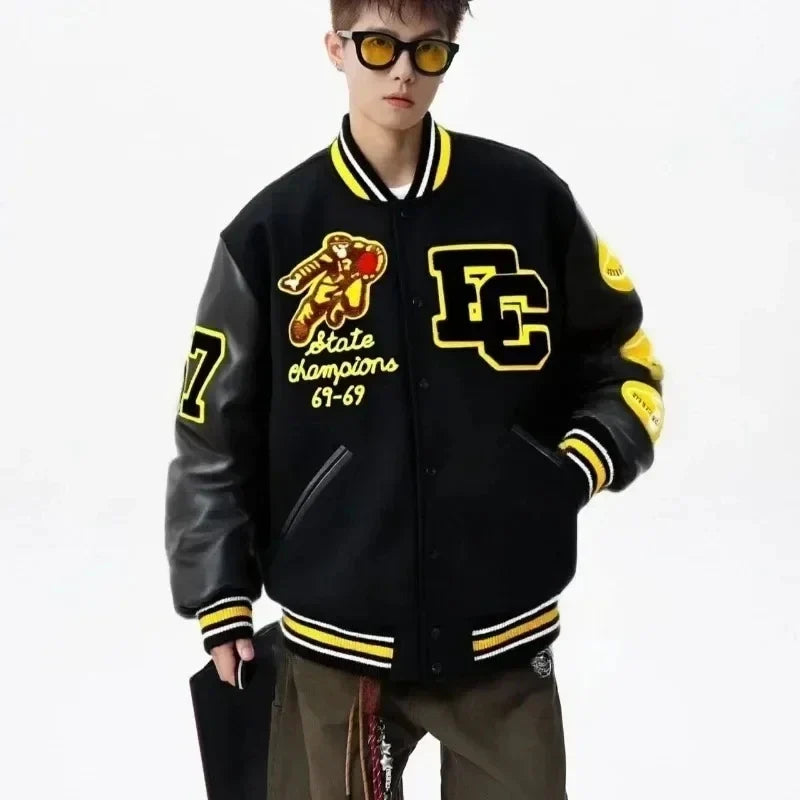 Embroidery Varsity Jacket Men PU Leather Sleeves Oversized Bomber Jackets Women Baseball Coats Streetwear Men Clothing