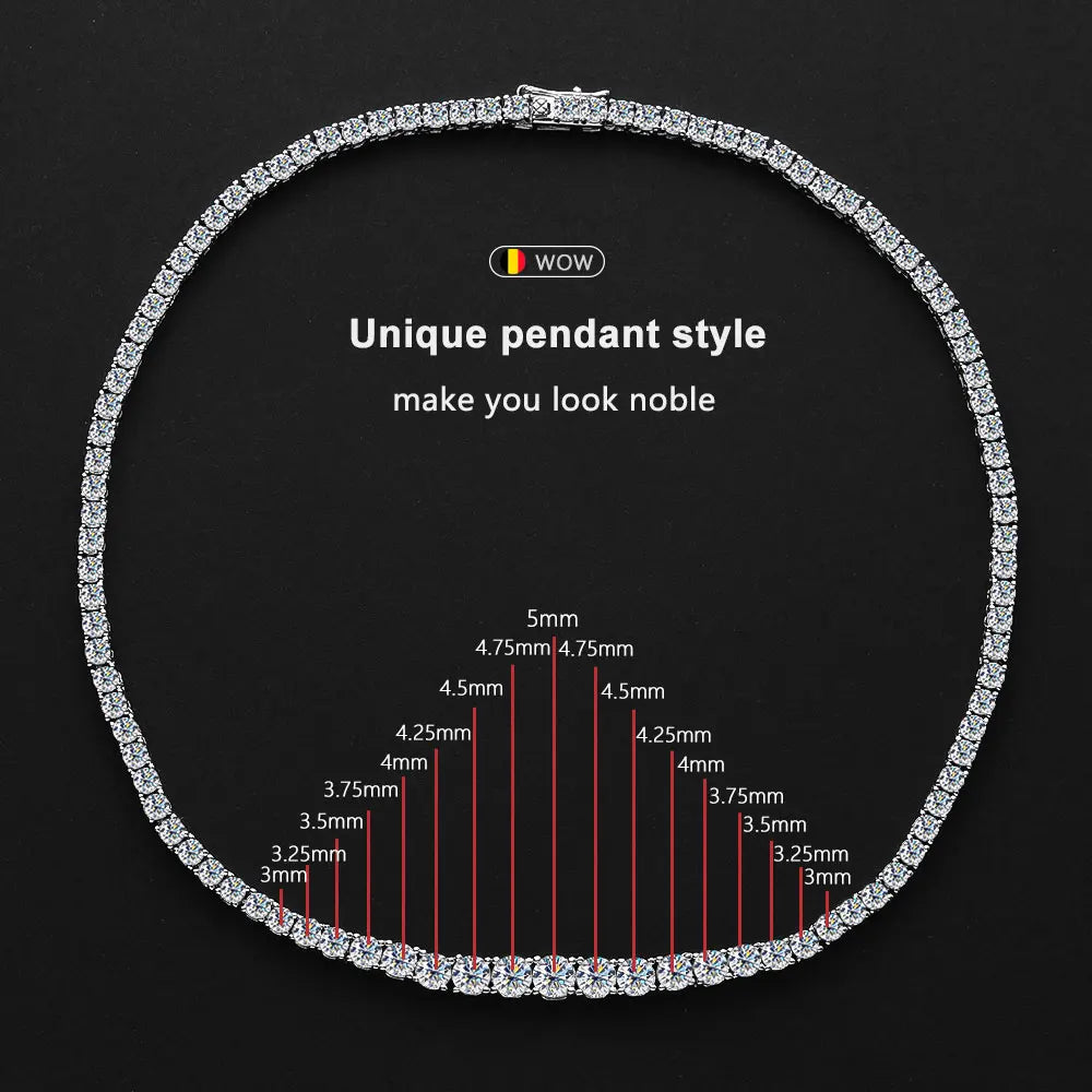 D Color Moissanite Tennis Necklace 925 Sterling Sliver Plated 18k Gold Necklace for Woman Man Hiphop Party Jewelry