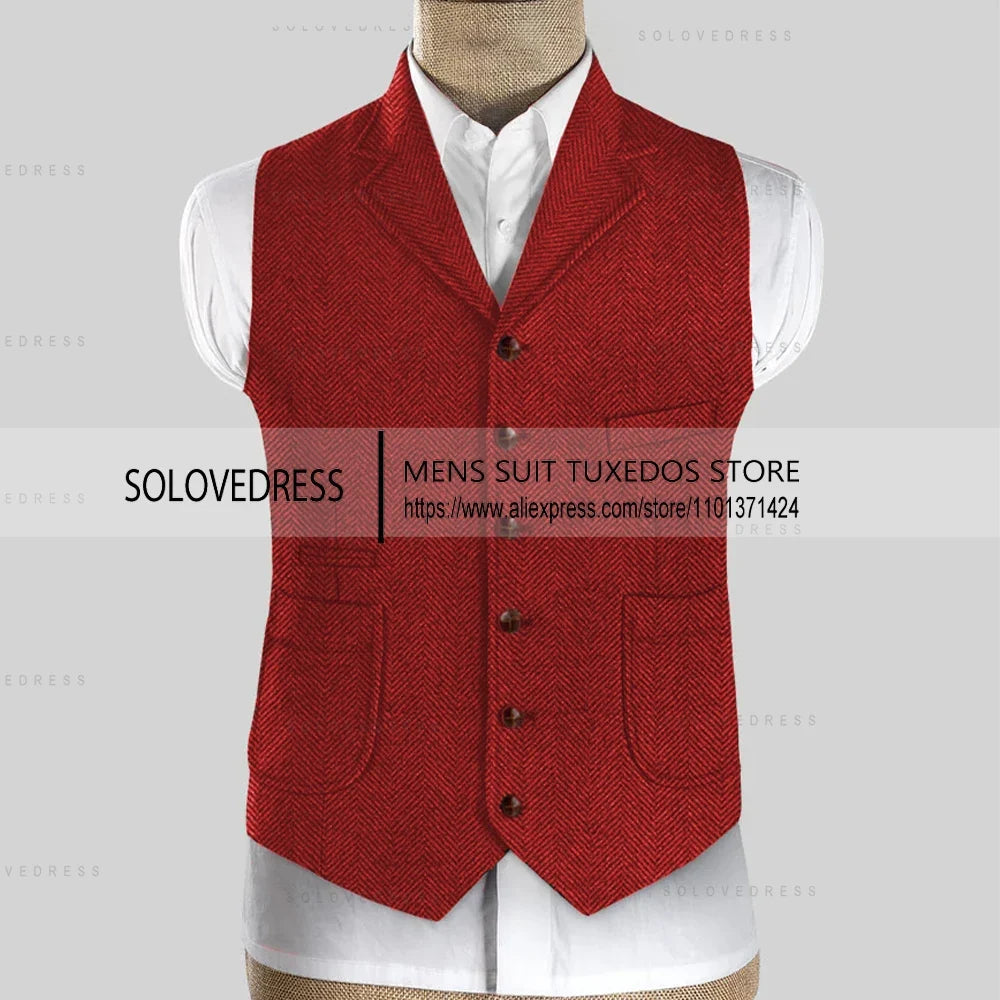 New Arrvial Lapel Neck Slim Fit Single Breasted Herringbone Men's Vest  Groomsemen Waistcoat For Wedding