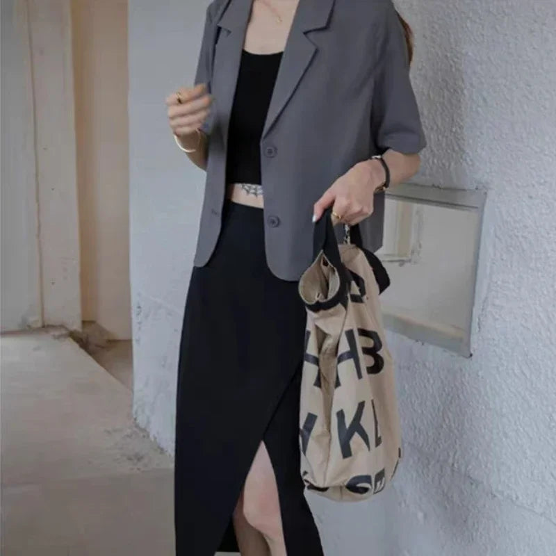 Short-sleeve Blazers Women Temperament Outwear Summer Baggy Office Lady Chic Simple All-match Streetwear Fashion Notched Classic
