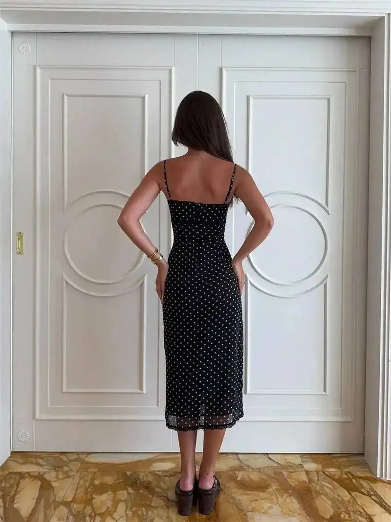 Polka Dot Spaghetti Strap Sexy Midi Dress Women Elegant Off-shoulder Backless Sleeveless Bodycon Club Party Dress