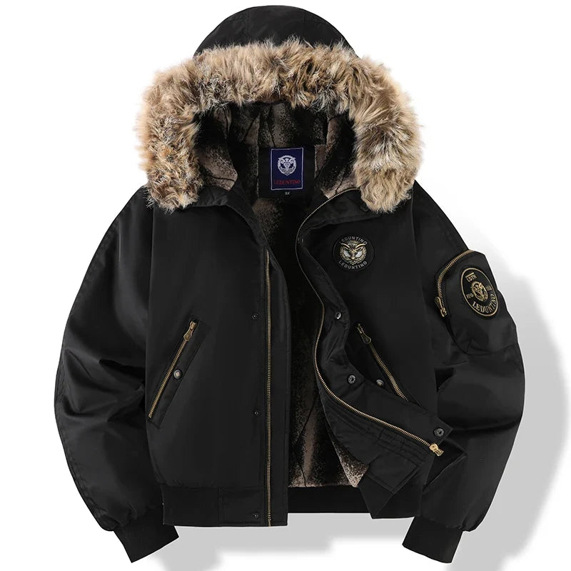 Winter Men's Black Padded Jacket Removable Hood Durable Windproof Fabric Embroidery Decorative Side Pockets Sleeve Zipper