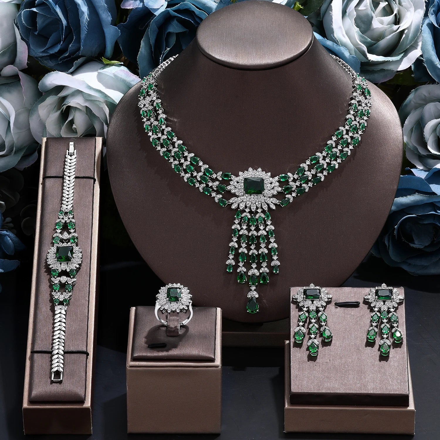 2024 Bridal Zirconia Full Jewelry Sets For Women Party 4pcs Luxury Dubai Nigeria CZ Crystal Wedding Necklace Sets