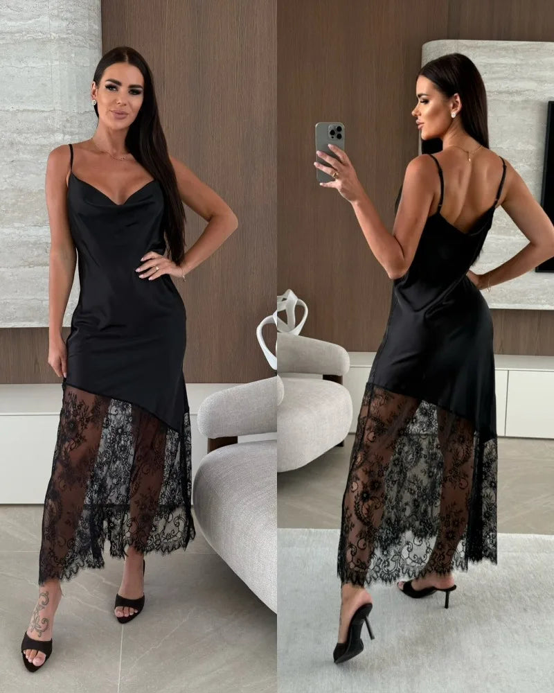 Trendix Hollow Out Lace Dress Women 2025 Winter Sexy V Neck Sleeveless Spaghetti Strap Dresses Party Club Elegant Evening Dress