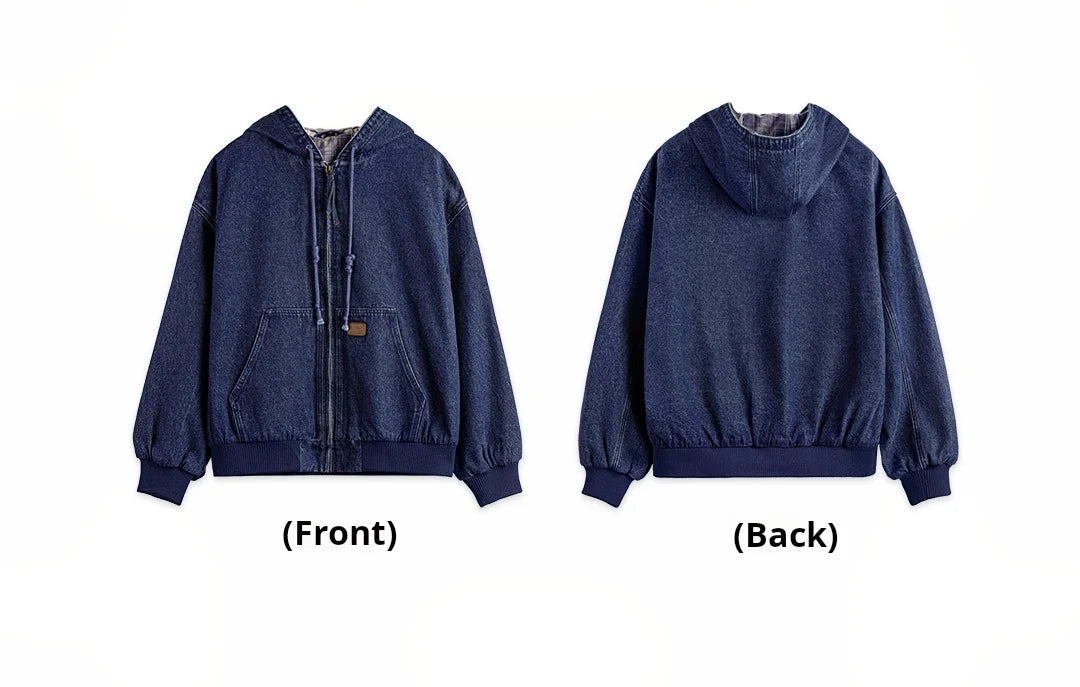 Retro Men's J130 10.5oz Denim Jacket Heavyweight Washed Aged Hooded Jacket Zipper Work Coat with Large Pockets for Fall