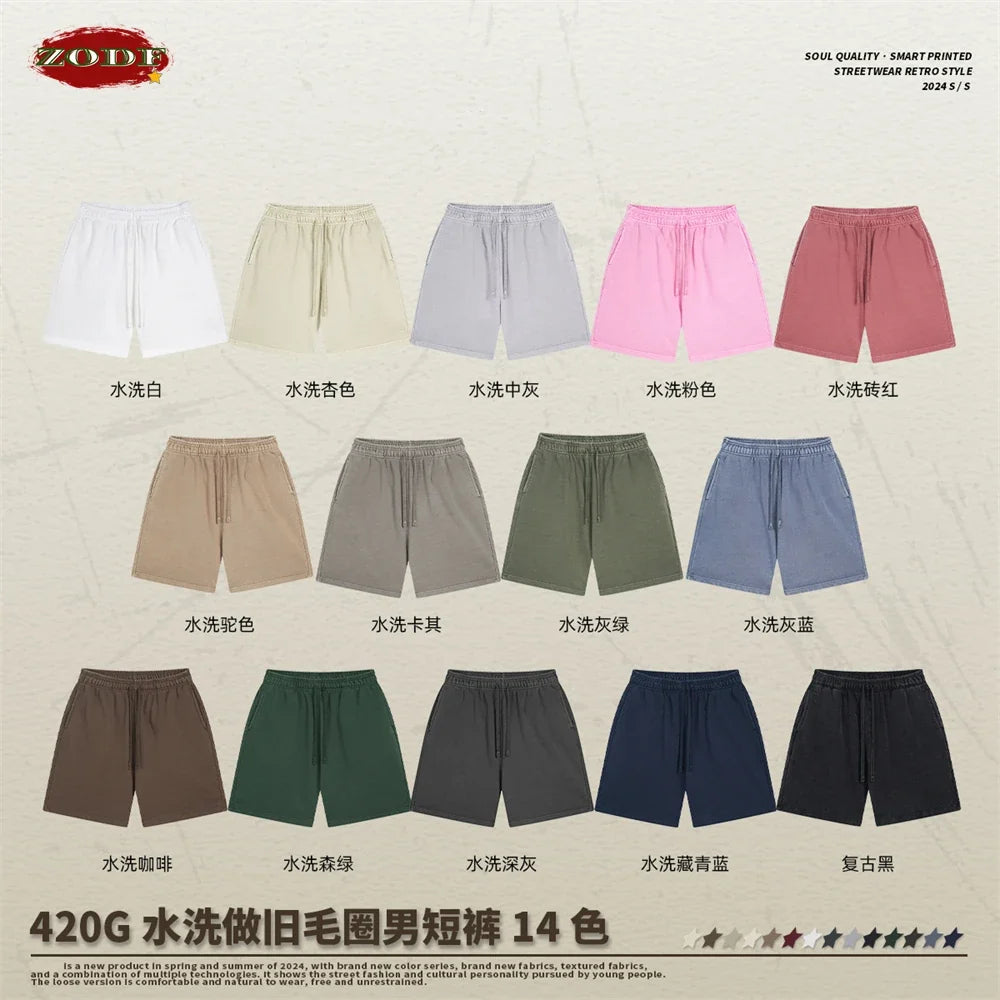 Fashion Summer Men 420gsm Washed Cotton Shorts Retro Unisex High Street Terry Knee Length Short Pants Streetwears HY0845