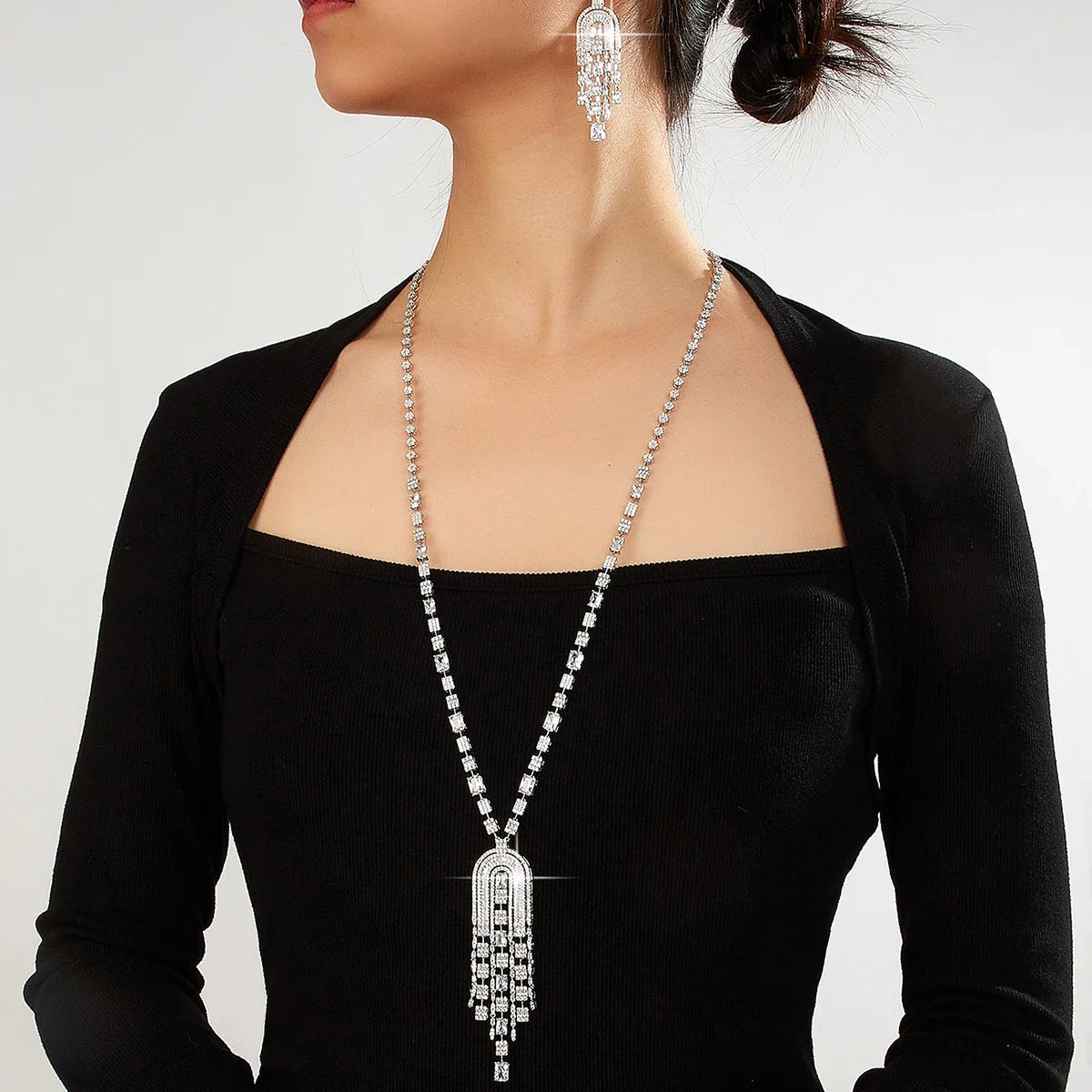 2025 Luxury Big Square Stone Long Necklace And Earrings Sets For Women Cubic Zirconia Dubai Bridal Jewelry