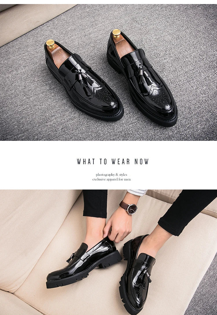Fashion Golden Men's Casual Slip-On Tassel Patent Loafers Thick Bottom Elevator Shoes Men's Party Shoes Business Shoes Brogue
