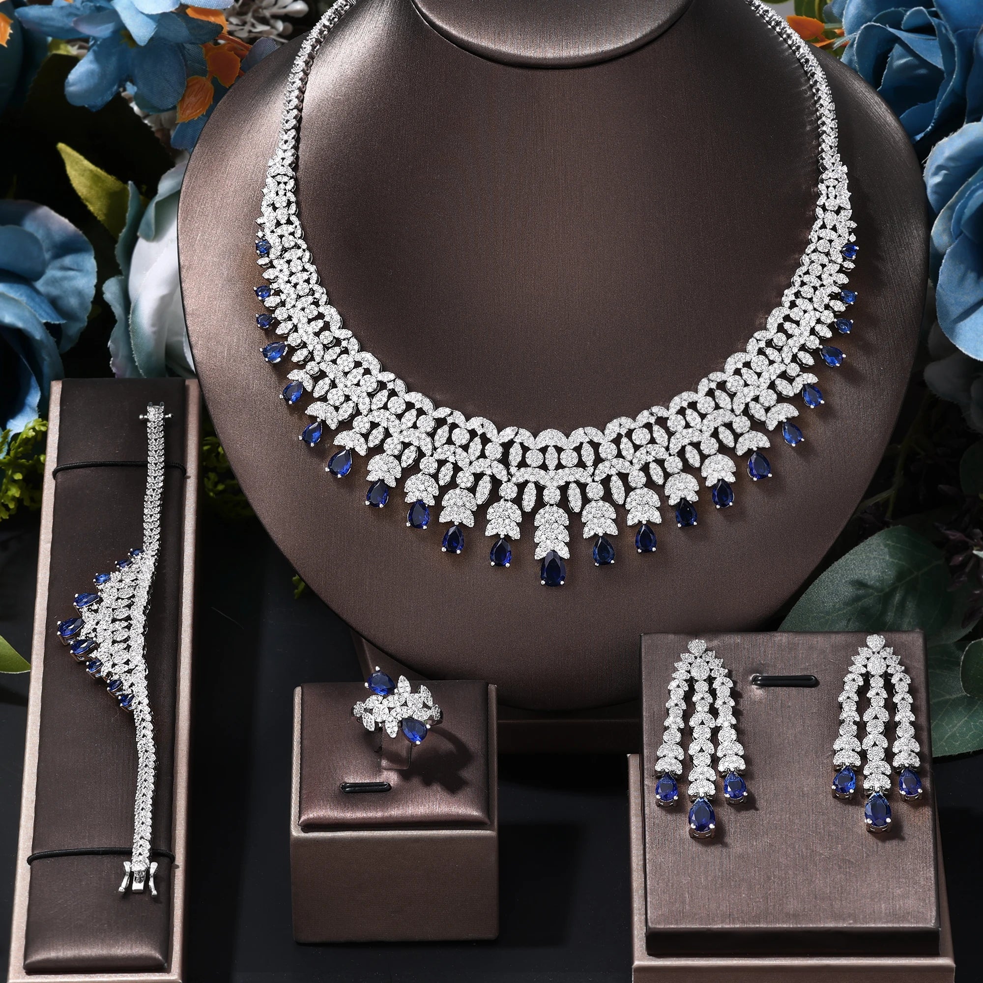 Famous Tassel Necklace Earrings Set Cubic Zircon Jewelry Set Dubai Bridal Jewelry Sets Wedding Party Gift Brides Accessories