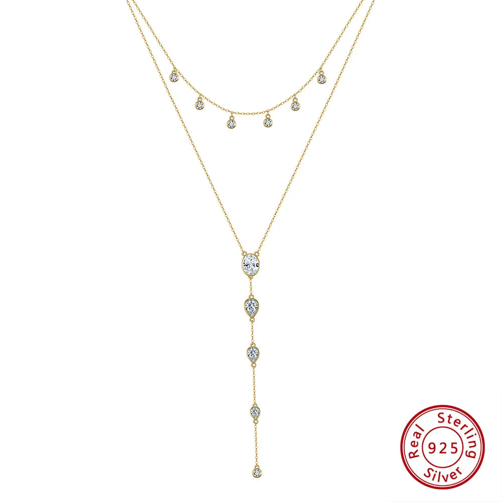 Real 925 Sterling Silver Necklace with CZ Classic Waterdrop Choker Chain Fashion Colar for Women Fine Jewelry BQN16