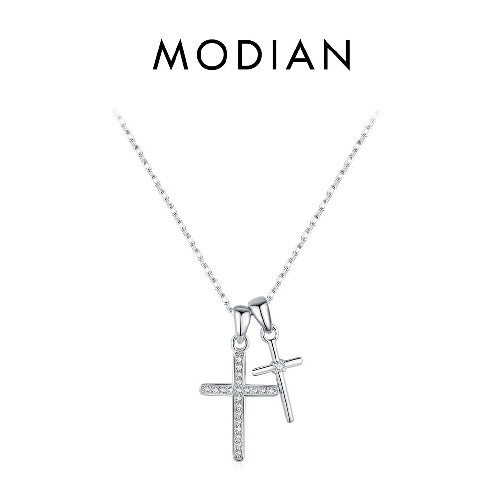 925 Sterling Silver Classic Delicate Double Cross Zircon Link Chain Pendant Necklace For Women Fine Jewelry Gifts