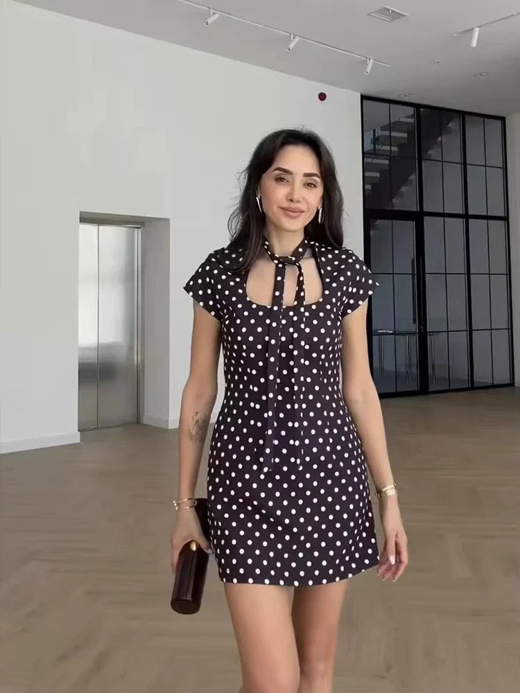 Summer Polka Dot Mini Dresses For Women Casual Short Sleeve Lace Up Collar Dress Sexy Lady Club Party Woman Evening Dress