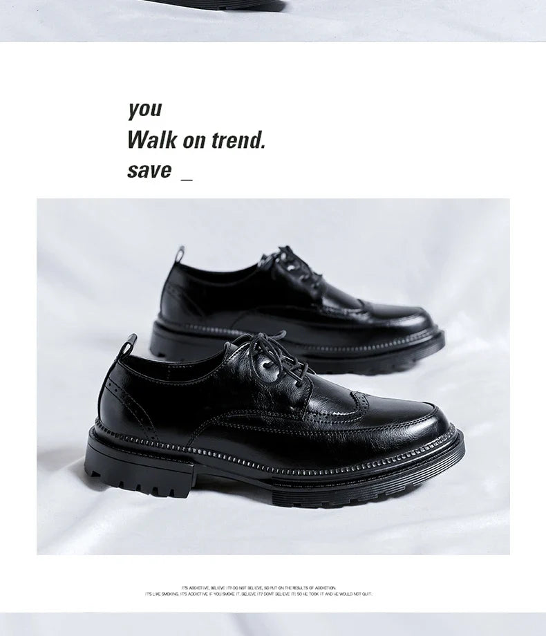 Men Korea Leather Platform Oxfords Slip on Thick Tottom for Male Derby Shoes Casual Loafers Mens Square Toe Formal Dress Shoes