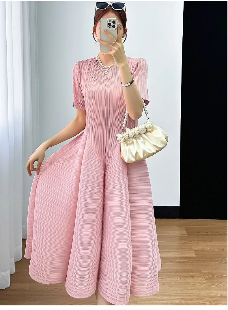 Y2k Pleated Women's Dress Bubble Short-sleeved Loose Slim Thin Medium-length Dresses for Women 2024 Summer New