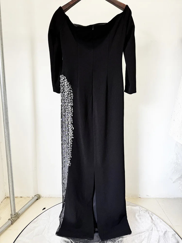 Newest 2026 Designer Vestido Women's Diamonds Beaded Slash Neck Off The Shoulders Patchwork Gauze Long Maxi Dress