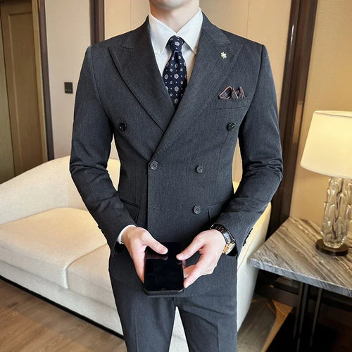 (Jackets+Pants) Luxury Double Breasted Design Slim Fit Suit High Quality Fashion Men's Wedding Social Suit Tuxedo 2 Piece Set